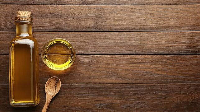Glass bottle and small bowl of oil placed on a wooden tabletop with a spoon made of wood beside them