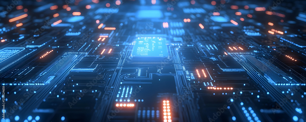 Poster abstract futuristic technology background with glowing circuit board and integrated microchip
