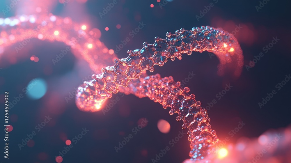 Poster molecular chain with interconnected cells and luminous particles
