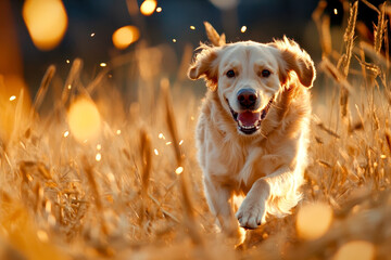 Golden retriever running happily in a wheat field at sunset