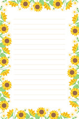 Paper page template for letter or notebook with sunflower and white daisy floral edges