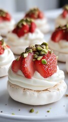 Obraz premium Mini pavlova desserts with strawberries and pistachios on whipped cream. Strawberry, Cardamom and Pistachio Pavlova Bites
