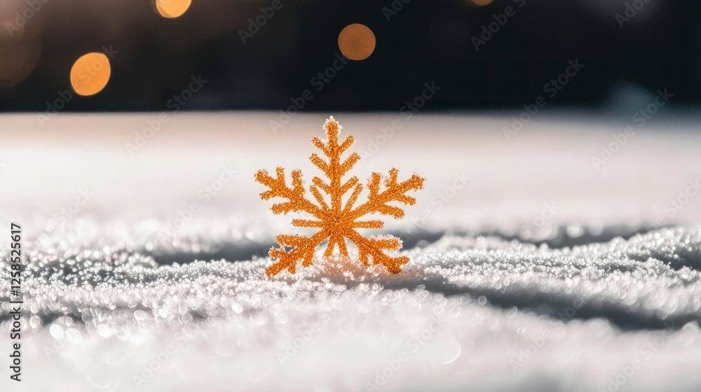 Poster golden snowflake on snowy surface with bokeh lights