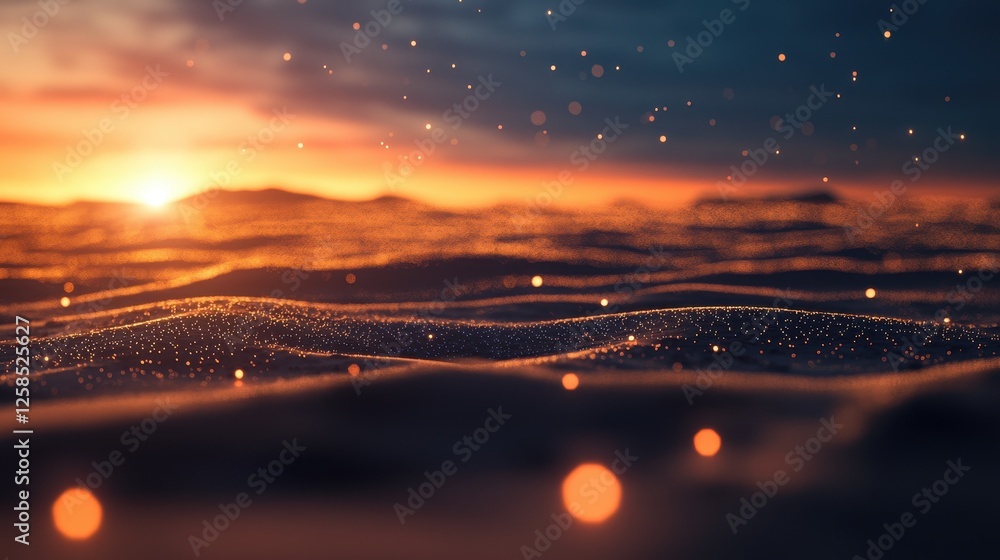 Poster sunlit ocean waves with sparkling particles at dusk horizon view