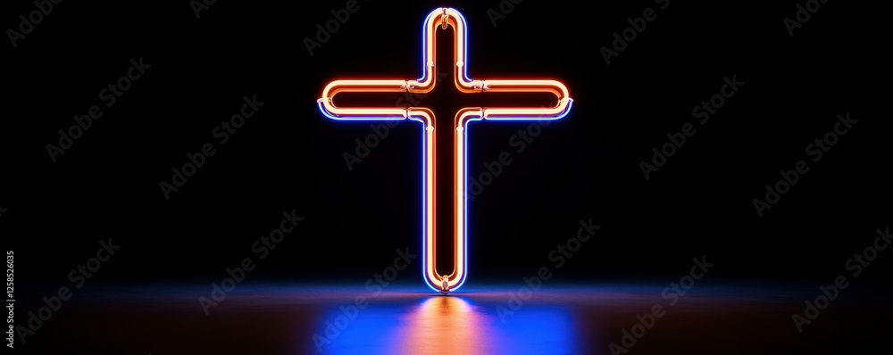 Poster illuminated cross symbol graphic rendering with neon glow on dark background for religious theme
