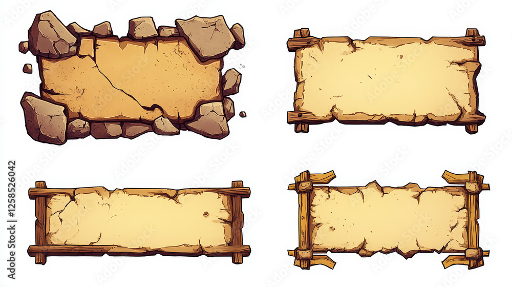 Poster game dialogue boxes, speech bubbles and frames for text. banners with blank old paper and stone bord