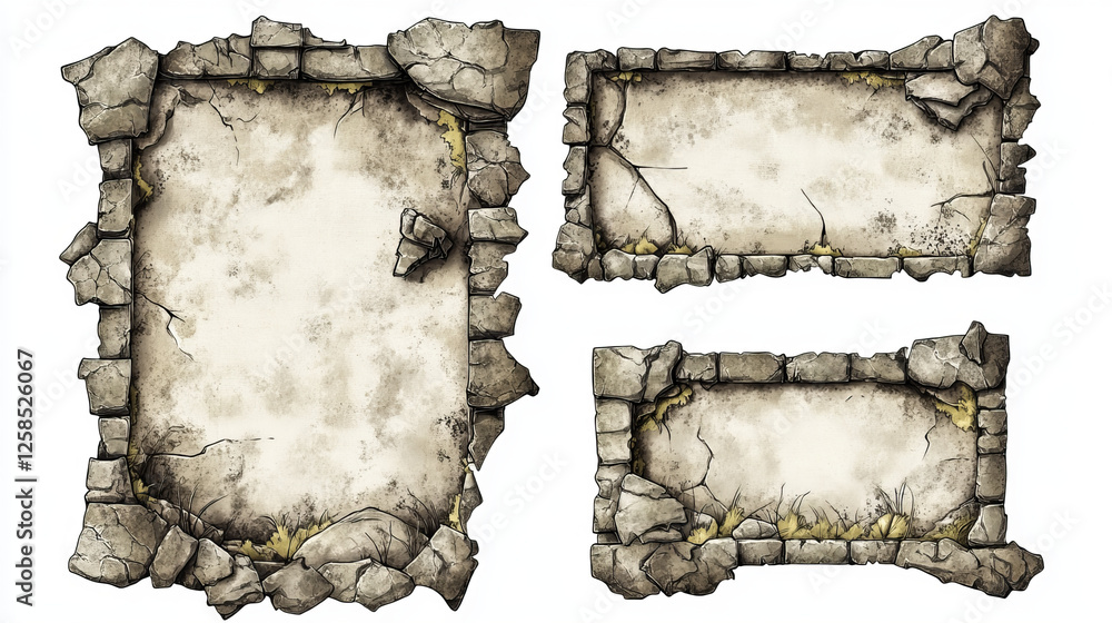Poster game dialogue boxes, speech bubbles and frames for text. banners with blank old paper and stone bord