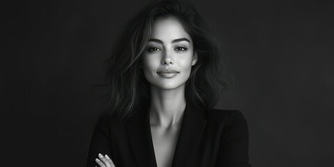 Confident woman poses with arms crossed against a dark background, showcasing elegance and poise in a studio setting