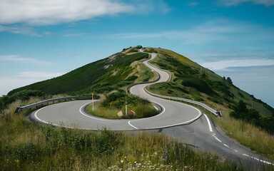 A photo of a winding road leading up a hill, with a view of the surrounding landscape.