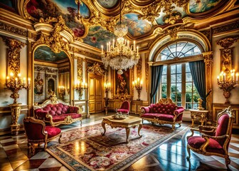 Obraz premium Baroque Room Interior: Elegant Vintage Design with Ornate Moldings & Marble Floor - Stock Photo