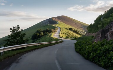 A photo of a winding road leading up a hill, with a view of the surrounding landscape.