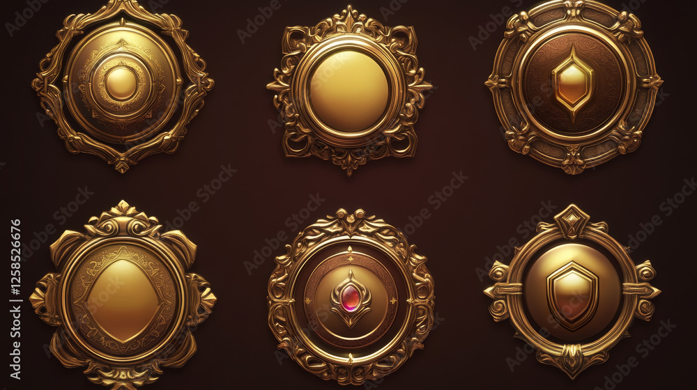 Poster golden game buttons, achievement badges with fantasy frames. vector set of golden icons in medieval 