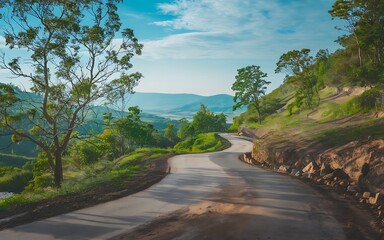 A photo of a winding road leading up a hill, with a view of the surrounding landscape.