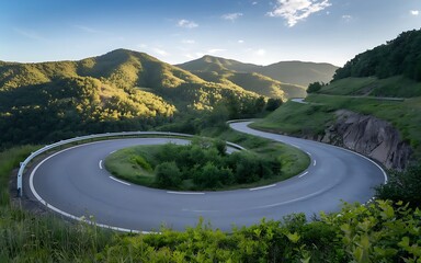 A photo of a winding road leading up a hill, with a view of the surrounding landscape.