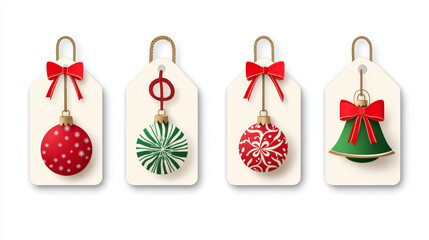 Xmas sale tags with seasonal discounts - red ball, green star, bell shaped label decorated by bows, snowflakes ornaments. Christmas holiday shopping promotion design elements on white background.