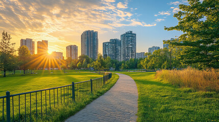 Fototapeta premium Summer city skyline, urban view background with skyscrapers, trees, green lawn and pathway along metal fence. Cityscape, downtown with architecture residential buildings, Cartoon vector illustration