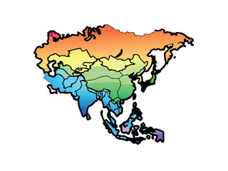 Fototapeta premium Create a vibrant vector map of Asia, highlighting diverse geographical features and national borders with distinct color-coding for each country.