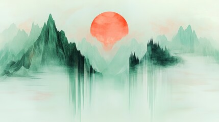 Serene landscape painting of misty mountains and a large red sun, evoking tranquility and peace.