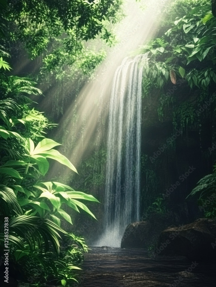 Poster waterfall cascading through lush rainforest with sunlight filtering through trees in a serene natura