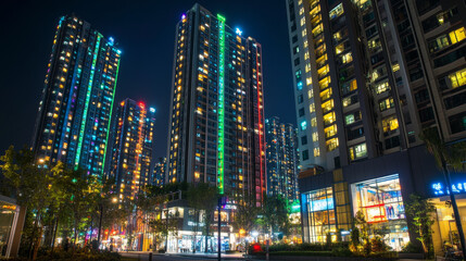 Fototapeta premium Empty night city street with neon lights. Vector cartoon illustration of modern megalopolis architecture, shops, apartment buildings. Windows of skyscrapers glowing in green, yellow, blue, red colors