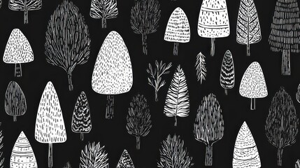 Monochrome Arboreal Array, Hand-Drawn Trees on Coal-Black Canvas