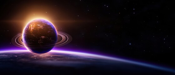 Fototapeta premium A stunning view of a planet with rings, illuminated by the glow of a distant star.