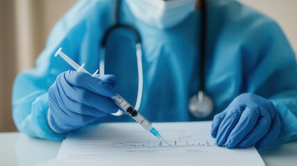 A healthcare worker documenting vaccine research results in a digital log