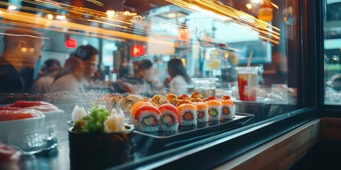A sushi belt with various dishes, including rolls, desserts, and drinks, moving past diners.
