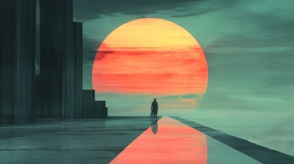Silhouette of a man standing before a large, vibrant sunset.  A feeling of contemplation and solitude.