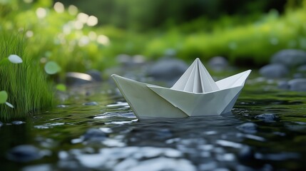 Origami Paper Boat in Tranquil Stream
