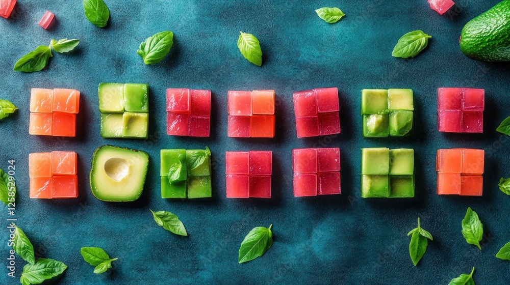 Poster assorted sliced fruits and vegetables on blue surface with avocado pattern background