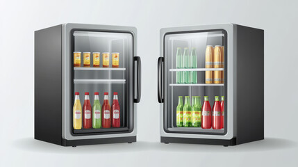 Mini refrigerator for beverages with transparent glass door. Empty gray fridge for fresh food or drinks in supermarket or kitchen. Realistic 3d vector modern cooler with shelves front and corner view