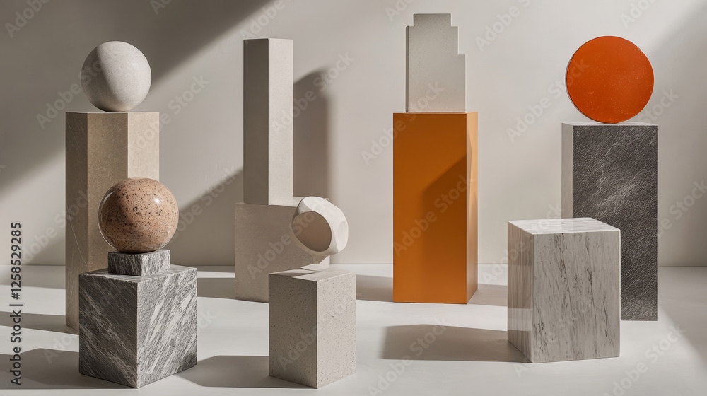 Aufkleber minimalist geometric cube podiums of different height on red studio setup background. realistic glos