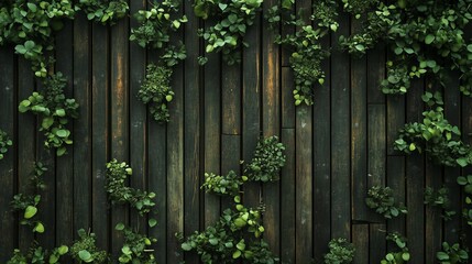 Dark Wooden Fence Overgrown With Lush Green Ivy