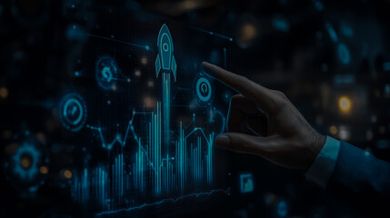 A businessman touches a rising business graph, symbolizing corporate growth and strategic planning. A rocket icon launches at high speed, aiming to achieve ambitious growth targets.