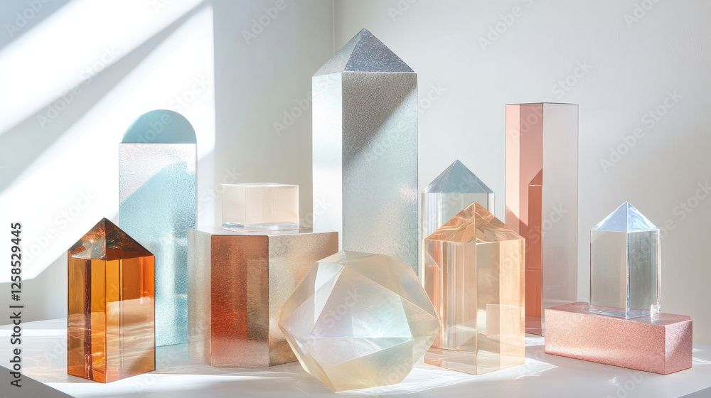 Poster minimalist geometric cube podiums of different height on red studio setup background. realistic glos
