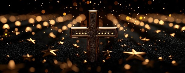 Glimmering Gold Cross on Black Sand Surface Amidst Starry Bokeh Lights and Twinkling Star Ornaments