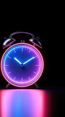 A vibrant alarm clock with neon colors against a dark background.