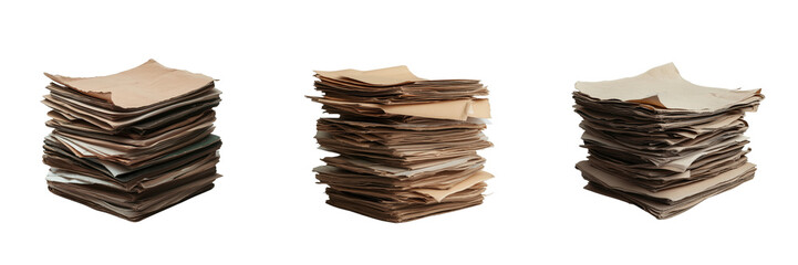 Stacked paper piles office workspace on transparent background