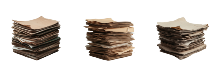 Stacked paper piles office workspace on transparent background