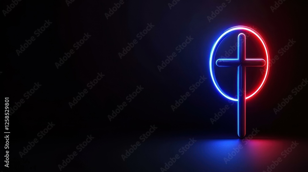 Poster illuminated cross in circle neon light effect design 3d