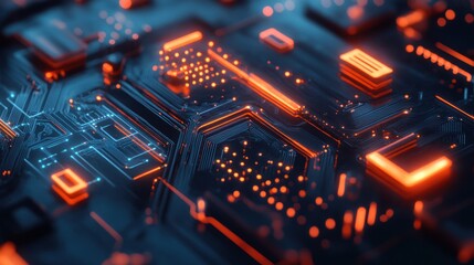 Close-up of a futuristic circuit board with glowing orange and blue patterns, symbolizing advanced technology and digital innovation.