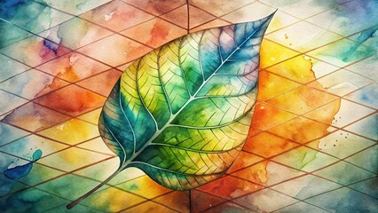 Biomorphic Leaf Watercolor Illustration on Geometric Grid - Abstract Nature Art