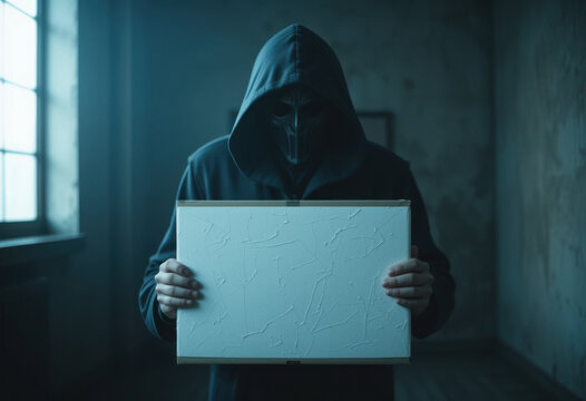 Una figura encapuchada en una habitaci&oacute;n con poca luz sostiene un cartel blanco en blanco, creando una sensaci&oacute;n de intriga y secreto
