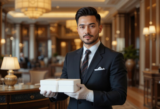 Conserje de hotel con un uniforme sofisticado presenta una caja blanca con manos enguantadas, de pie en el lujoso vest&iacute;bulo de un hotel con iluminaci&oacute;n dorada
