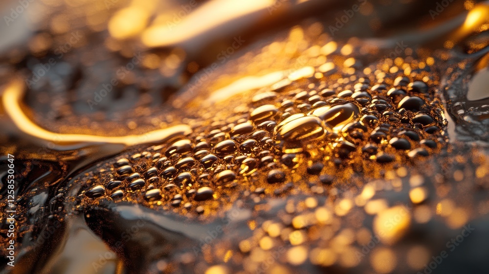 Poster close-up of golden bubbles and droplets on a surface, showcasing texture and light reflections, crea