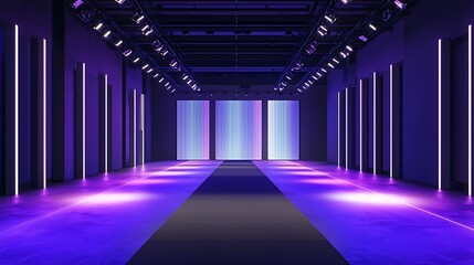 Fototapeta premium Ultraviolet light illuminates an empty nightclub's interior, with glowing panels in a tunnel or corridor, setting the stage for a futuristic fashion show.