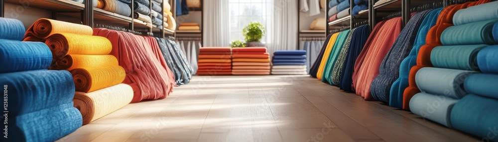 Poster a vibrant display of neatly stacked towels in various colors, creating a warm and inviting atmospher