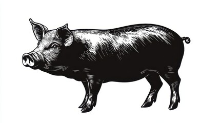 Fototapeta premium Monochrome Illustration of a Domestic Pig with Fine Hatching