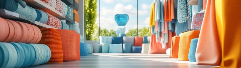 A vibrant display of colorful fabric rolls in a well-lit, inviting space, showcasing various textures and hues.